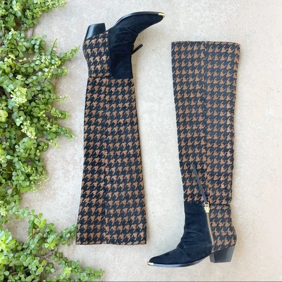 Schutz Tenia Houndstooth Tall Shaft Boot In Black Tan, Size 5B - Picture 2 of 5